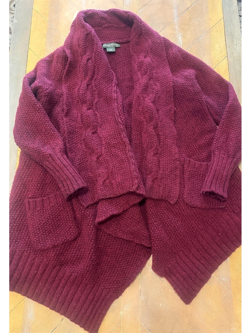 Eddie Bauer Lambswool Cable Knit Cardigan Burgundy Open Front Sweater